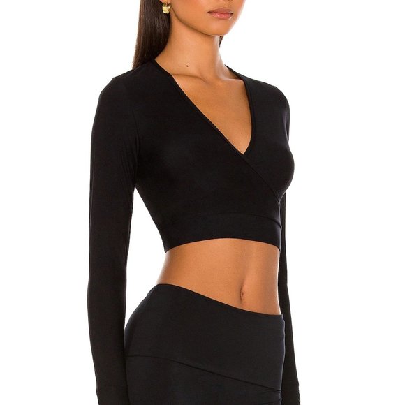 NEW Commando Women's Black Butter V Neck Crop Faux Wrap Shirt Top thumbholes XS - Picture 2 of 4